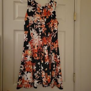 Julian Taylor Black Midi Dress with Orange and White Floral Print